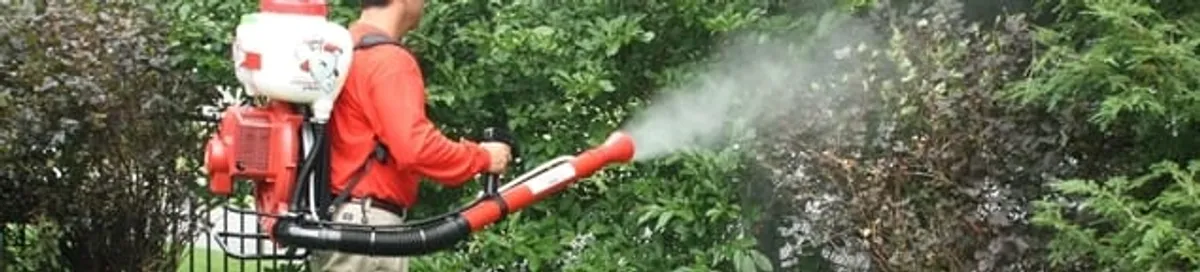 Mosquito control technician fogging shrubs and landscaping for mosquito treatment in Fresno, CA