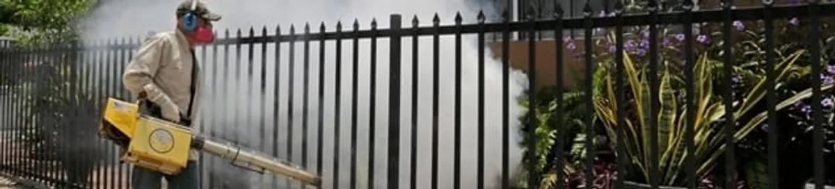 Mosquito control technician fogging a yard perimeter for mosquito reduction in Fresno, CA